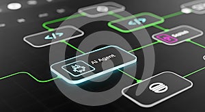 Glowing A I agent and code icons connected by green lines on dark background technology