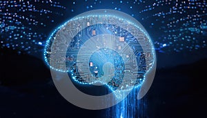 glowing AI brain made of interconnected nodes with streams of binary code cascading like waterfalls, symbolizing advanced