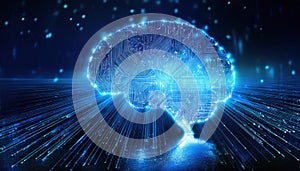 glowing AI brain made of interconnected nodes with streams of binary code cascading, symbolizing advanced technology and