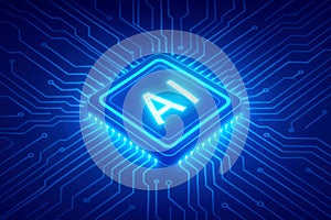 Glowing AI Chip on a Blue Circuit Board Background artificial intelligence processor
