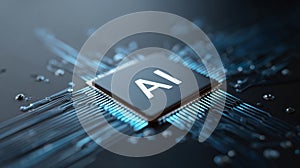 Glowing ai microchip integrated into complex circuit board, highlighting advanced computational technology and