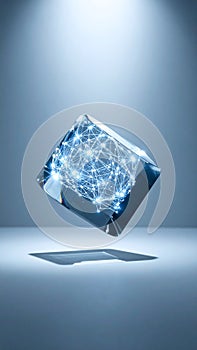 Glowing AI Network in a Floating Crystal Cube