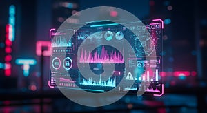 Holographic AI Dashboard in Cyberpunk City