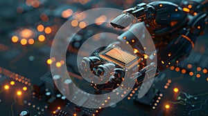 Glowing AI-powered robotic hand holding a microchip.