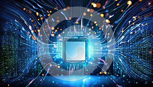 glowing AI processor with dynamic neural connections and algorithms