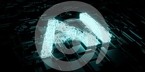 Glowing AI text on dark black computer technology chip background, artificial intelligence processor concept