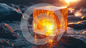 Glowing amber cube illuminated by dramatic light on a dark surface