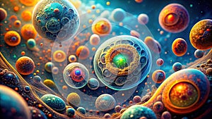 Glowing Aqua Microscopic Cells A Dynamic Abstract Exploration of Cellular Life in a Liquid Environment photo