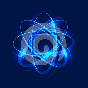 Glowing atom on blue background, abstract light background. Light motion circles, swirl trail effect. Vector Eps10