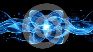 Glowing atom energy wave, dark background, science concept