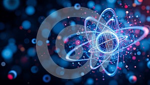 A glowing atomic structure with an orbiting pattern of particles photo
