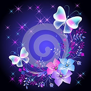 Glowing background with flowers and butterflies