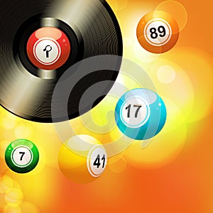 Glowing background with vinyl record and bingo balls