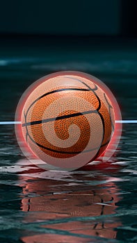 Glowing basketball ball on wet floor and 3D court, close up