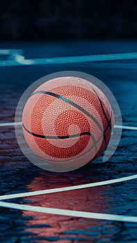 Glowing basketball ball on wet floor and 3D court, close up