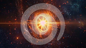 A glowing beacon amidst a pitchblack void representing the powerful activation of the Higgs field