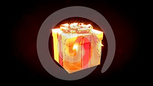 glowing beautified goldish and red gift on black, isolated - object 3D rendering