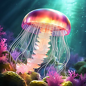 Glowing Beauty: Vibrant Aquatic Sea Jelly with Illuminated Tentacles