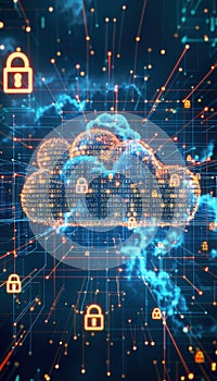 Secure Cloud Concept with Binary Code and Padlocks for Data Protection and Cybersecurity Design