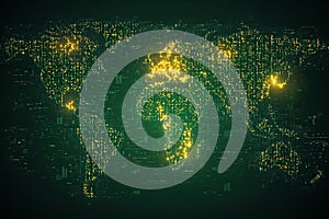 A glowing binary code world map representing global digital connections and technology