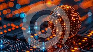 Glowing Binary Sphere on Circuit Board with Orange and Blue Lights
