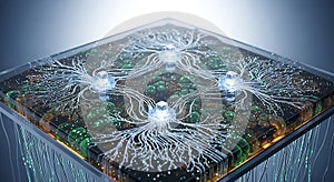 Glowing bio-computer network data flow concept