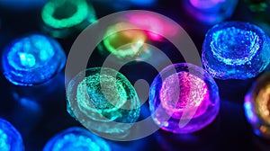 Glowing bioengineered cells under microscope, breakthrough in biotech research