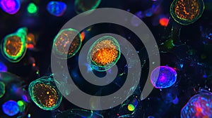 Glowing bioengineered cells under microscope, breakthrough in biotech research