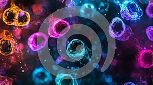 Glowing bioengineered cells under microscope, breakthrough in biotech research