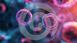 Glowing bioengineered cells under microscope, breakthrough in biotech research