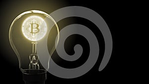 Glowing Bitcoin BTC in light bulb. Idea for using block chain and crypto currency market