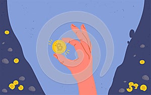 Glowing bitcoin coin in miner's hand. Flat cartoon illustration