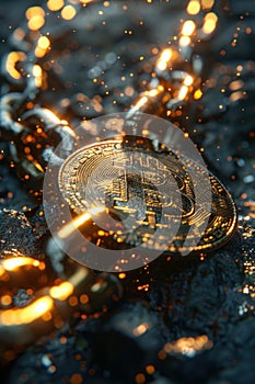 A glowing bitcoin on a reflective surface with a chain wrapped around it