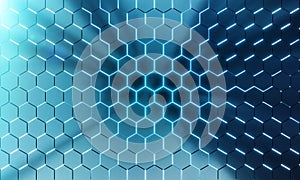 Glowing black and blue hexagons background pattern on silver metal surface 3D rendering