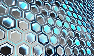 Glowing black and blue hexagons background pattern on silver metal surface