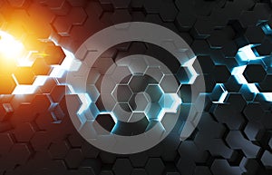 Glowing black blue and orange hexagons background pattern on metal surface 3D rendering