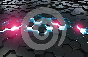 Glowing black blue and pink hexagons background pattern on metal surface 3D rendering