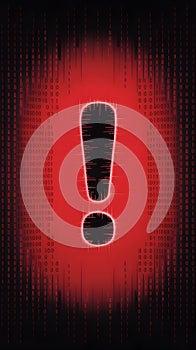 Glowing Black Exclamation Mark With Binary Code on Dark Red Background