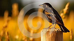 Glowing Blackbird Perched On Wooden Post In Lush Field photo