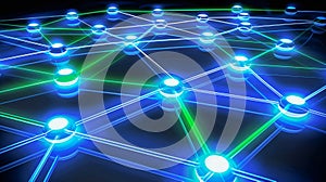 Glowing blockchain network with connected nodes in futuristic digital grid system