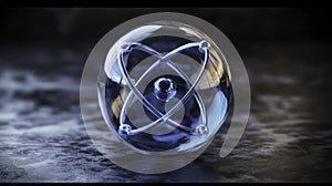 Glowing blue atom encased in a clear, egg-shaped glass on stone photo