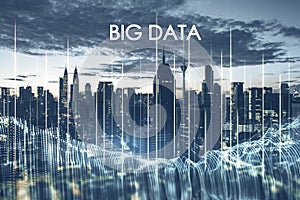 Glowing blue big data hologram on city texture. Technology, metaverse and future concept. Double exposure