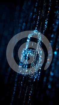 Futuristic Encryption Concept with Glowing Blue Falling Data Code and Padlock Icon