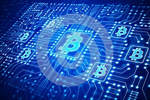 Glowing blue bitcoin backdrop