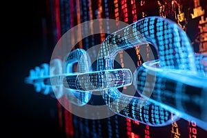 A glowing blue blockchain chain with binary code