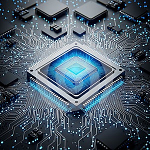 Glowing Blue C P U Microchip on Circuit Board processor