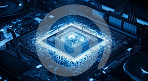 Glowing Blue Central Processing Unit ( CPU) on a Computer Motherboard processor technology