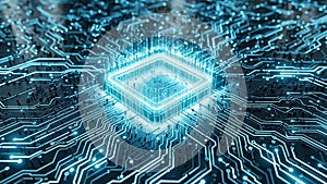 Glowing Blue Central Processing Unit Microchip on a Circuit Board Background processor computer