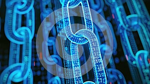 Glowing blue chain of binary links symbolizes data connection or blockchain tech. Dark backdrop. Ai Generated