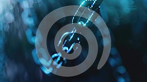 Glowing blue chain of binary links symbolizes data connection or blockchain tech. Dark backdrop. Ai Generated